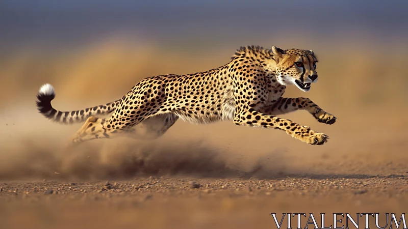Kinematic cheetah sprint captured with shallow desert focus.