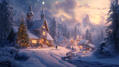 Winter twilight village hums softly beneath lantern-lit snow