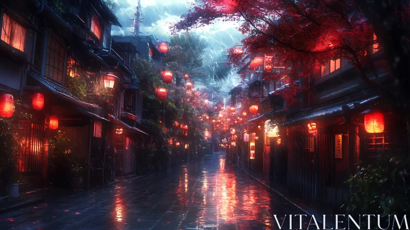 Rain-soaked lantern street renders complex volumetric light gradients