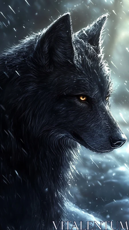 Midnight wolf gazes calmly through whirling winter snow
