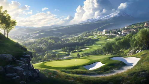 Mountain golf course landscape under dynamic daylight.