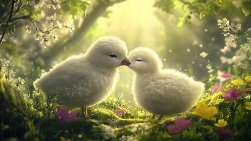 Fluffy chicks share tender nuzzle under glowing forest light