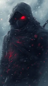 Hooded raven warrior glows with crimson spectral energy.