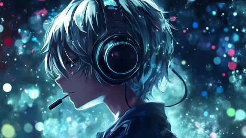 Neon night gamer wrapped in aurora headphones hush.