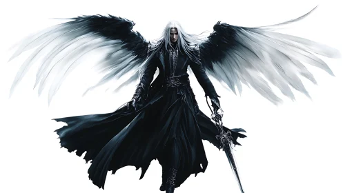 Fallen angel warrior stands poised in stark white void