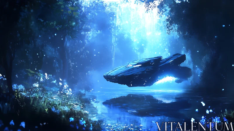 Starship glides above glowing forest lake in ethereal blue light
