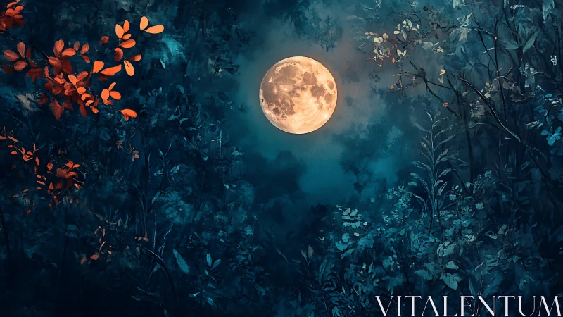 Digital painting of full moon framed by nocturnal foliage.