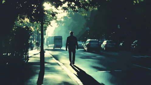 Solitary silhouette walks through emerald morning lighted street.