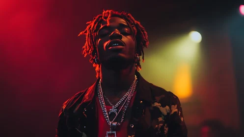 Confident rapper glowing under moody red and gold lights.