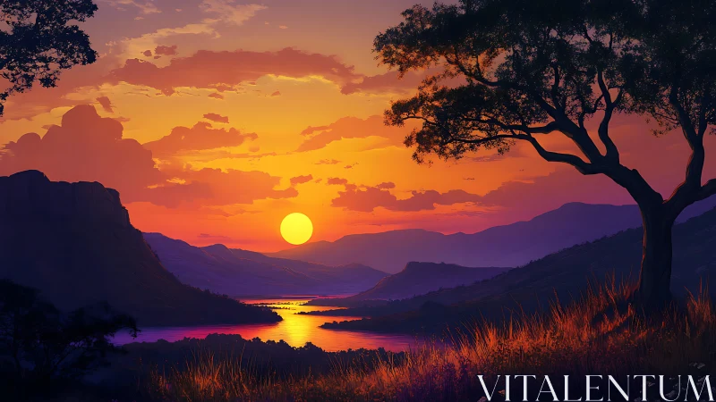 Sunset-illuminated river valley with layered silhouettes and warm gradients