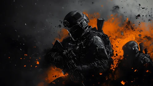 Shadow squad moving through embers and swirling smoke.