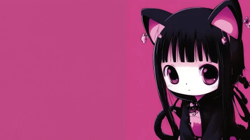 Chibi gothic catgirl portrait on saturated magenta field.