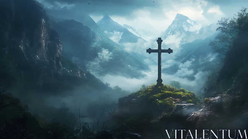 Solitary stone cross crowns mist-laden alpine valley vista