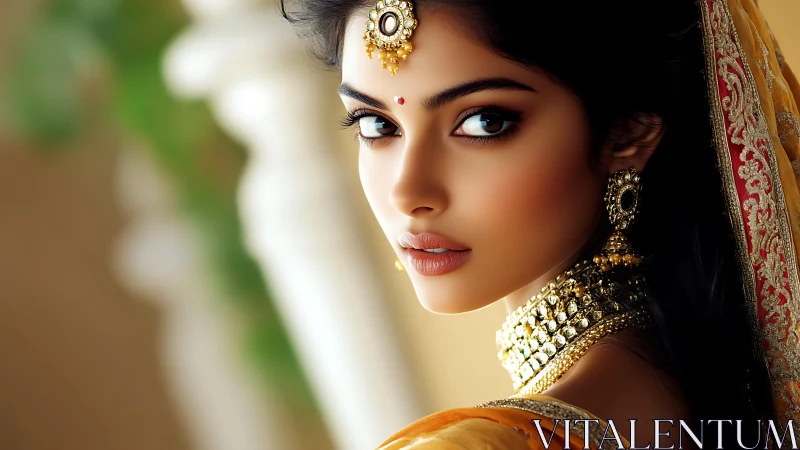 Bridal portrait showcases ornate Indian jewelry glow.