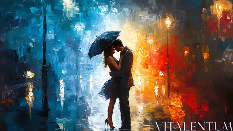 Two figures with umbrella stand under urban street lamps at night