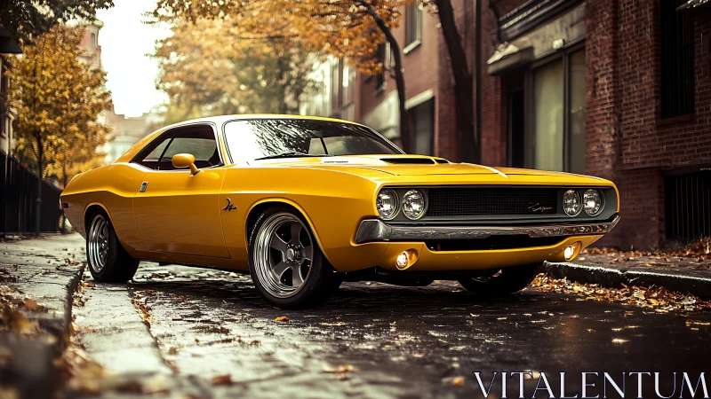 Yellow classic muscle car parked on wet autumn city street