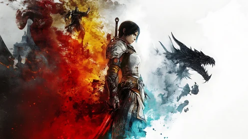Armored female warrior divides fiery battle and spectral dragon