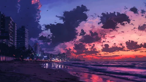 Dreamy seaside city sunset painted in glowing purples.