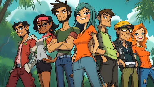 Group of stylized cartoon characters stands in jungle clearing