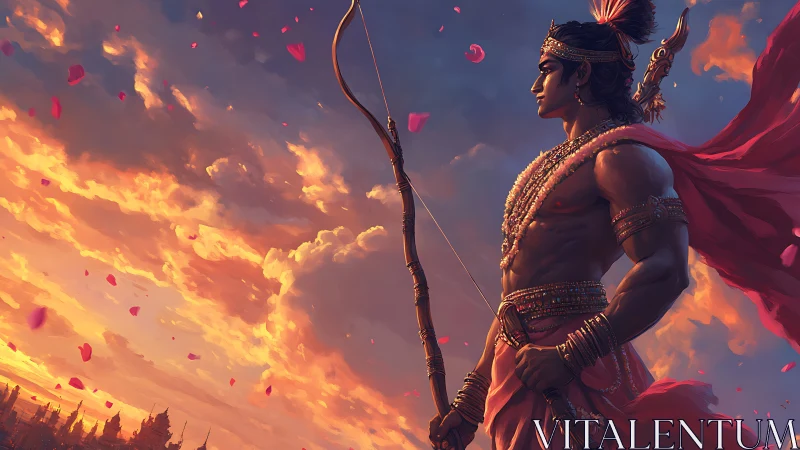 Sunset petals orbit a vigilant archer crowned in mythic calm