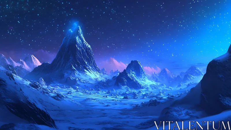 Snow-covered mountain range is rendered under starry night sky