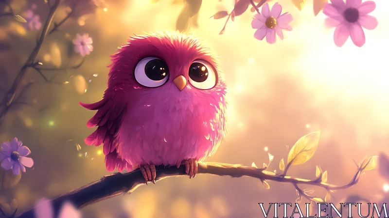 Adorable Pink Owl Illustration in a Dreamy Floral Setting.