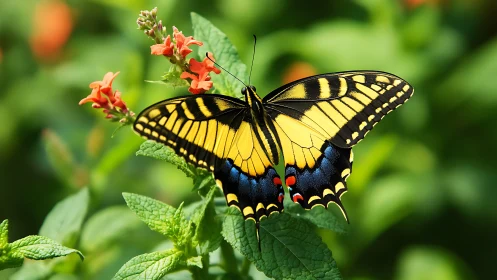 Yellow and black butterfly rests on green foliage surface