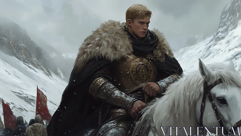 Golden-clad knight rides through harsh wintry mountain pass.