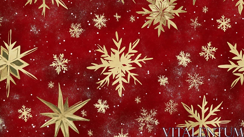 Golden snowflake confetti drifting over velvet red night.
