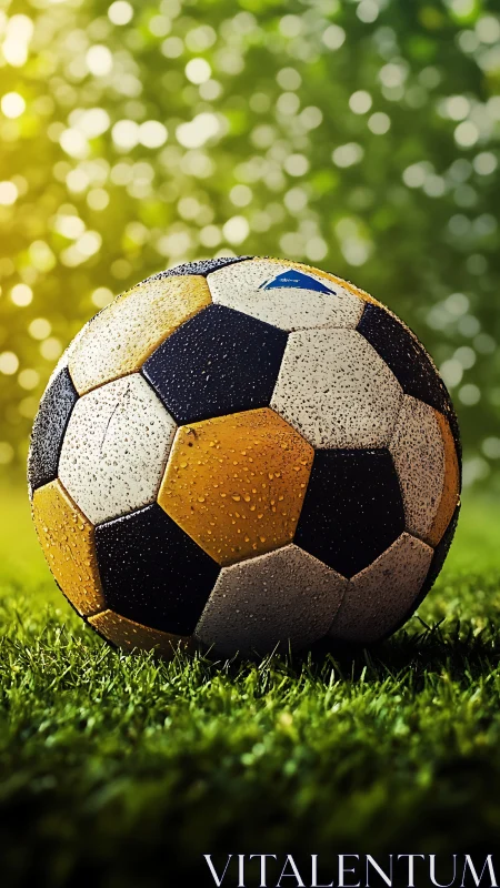 Soccer ball on wet grass with defocused green background.