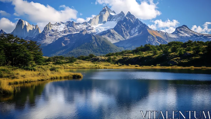 Snowcapped mountain range mirrors over still blue lake.