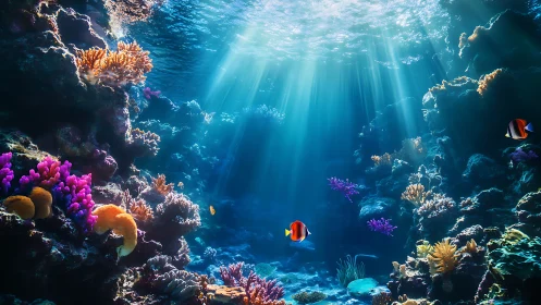 Sunlit coral reef glows beneath clear tropical ocean waves