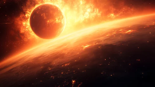 Fiery planet passes a blazing sun over scorched horizon.
