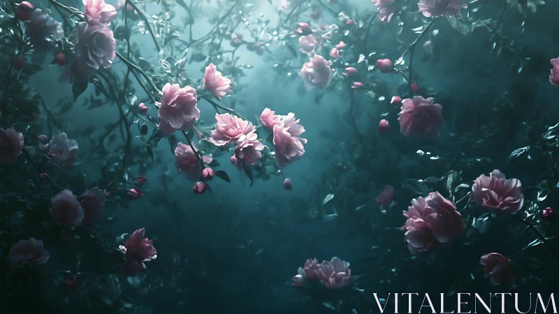 Pink Peonies in Ethereal Teal Garden: Dreamlike Floral Composition.