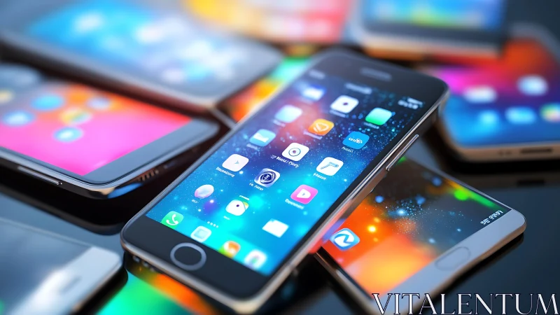 Cascade of glowing smartphones in a neon app galaxy.