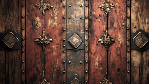 Weathered wooden doors glow with ornate antique metalwork