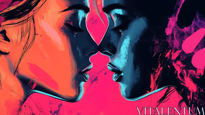 Two neon-lit faces drift together in an intimate near-kiss