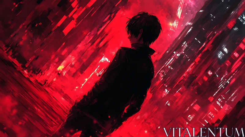 Shadowed wanderer in a neon red city storm of light.