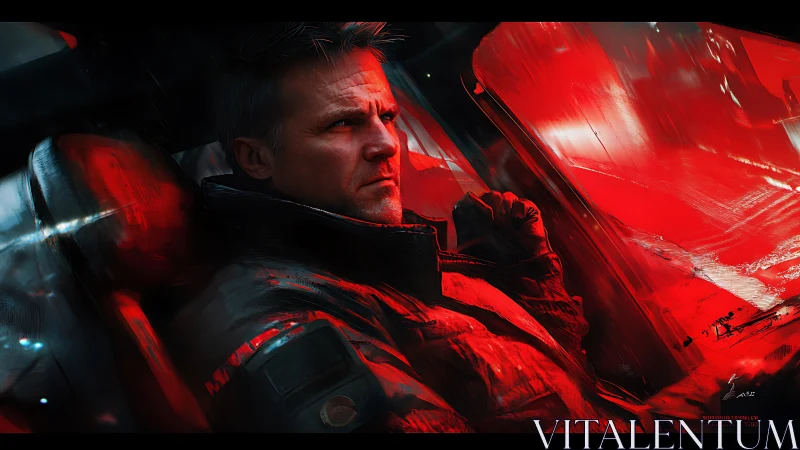 Red-lit driver studies the stormy night through rain-streaked glass