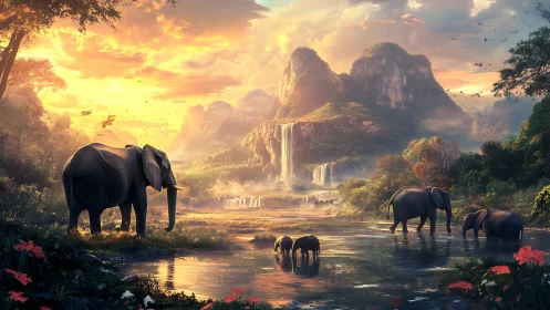 Elephants wander through a glowing waterfall valley dreamscape.