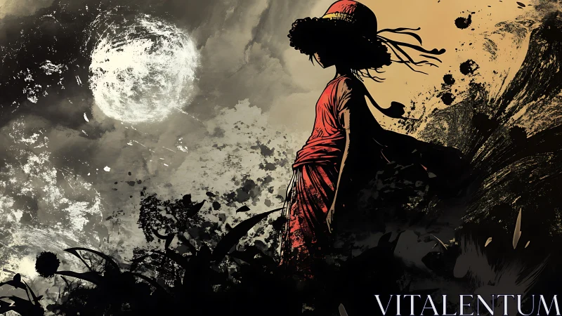 Silhouetted figure in red contemplates a turbulent lunar sky