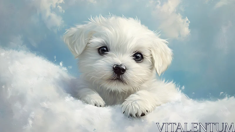 White puppy portrait rests in soft cloudlike background