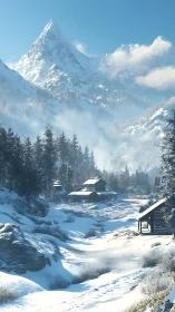 Silent winter homestead dreams beneath a crystalline peak