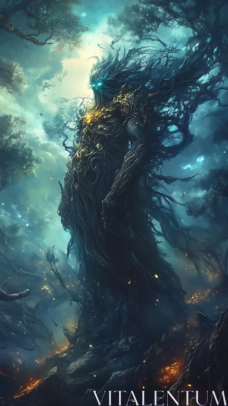 Towering forest spirit of roots, embers, and blue light.