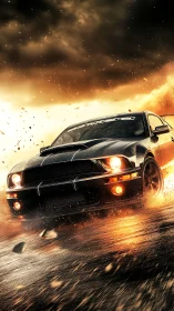 Black sports car on wet road with debris and storm clouds.