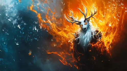 Elemental cervine wraith framed by bifurcated firestorm field.