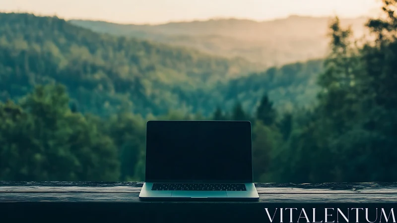 Laptop on rustic table overlooks tranquil misty forest valley