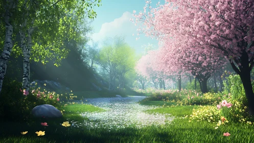 Soft spring light dances along a tranquil blossom path