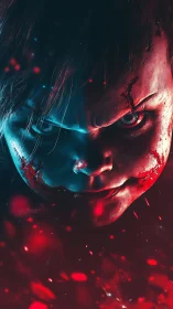 Bipolar neon-lit scarred doll face in extreme cinematic closeup