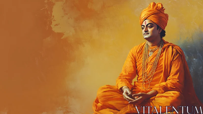 Monk in saffron robes seated in contemplative side-lit pose.